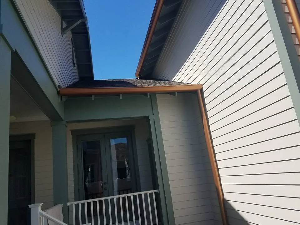 Copper gutter downspout cream lap siding sage trim porch, Sanford